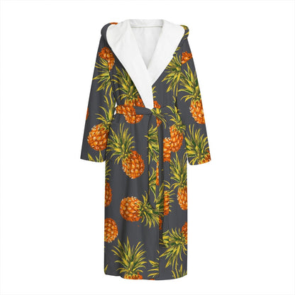 Grey Watercolor Pineapple Pattern Print Hooded Bathrobe