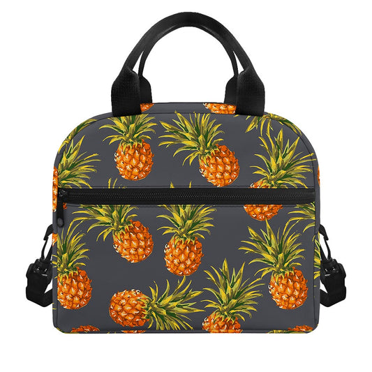 Grey Watercolor Pineapple Pattern Print Insulated Lunch Bag