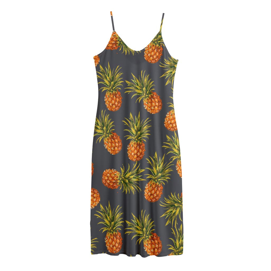 Grey Watercolor Pineapple Pattern Print Jersey Midi Cami Dress