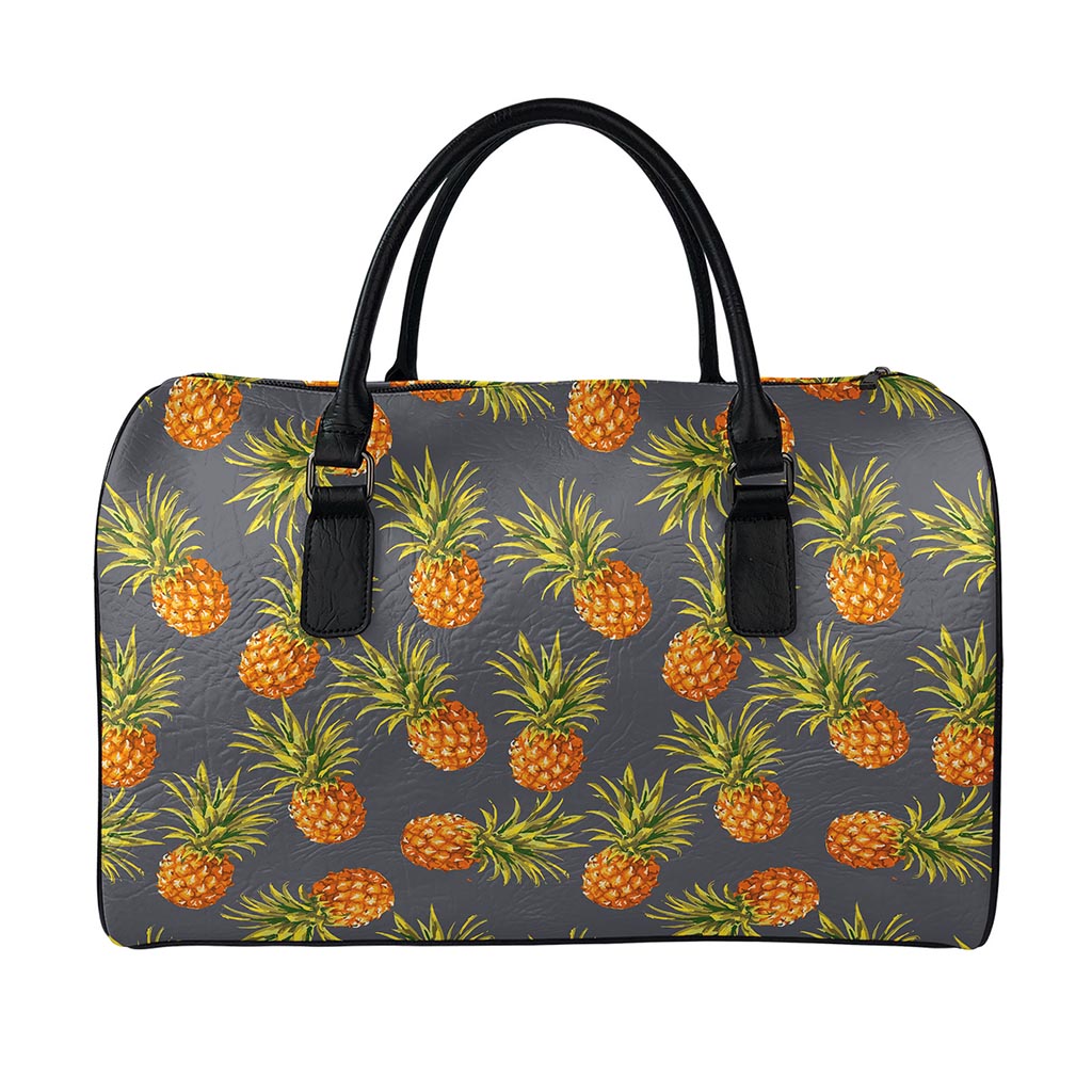 Grey Watercolor Pineapple Pattern Print Leather Duffle Bag