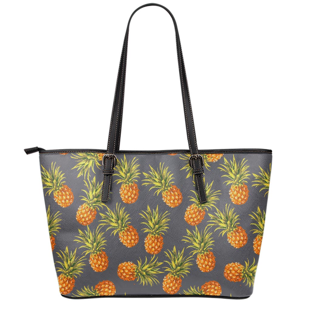 Grey Watercolor Pineapple Pattern Print Leather Tote Bag