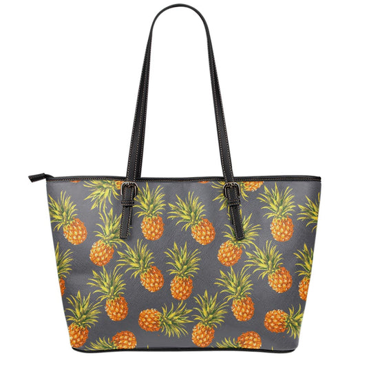 Grey Watercolor Pineapple Pattern Print Leather Tote Bag
