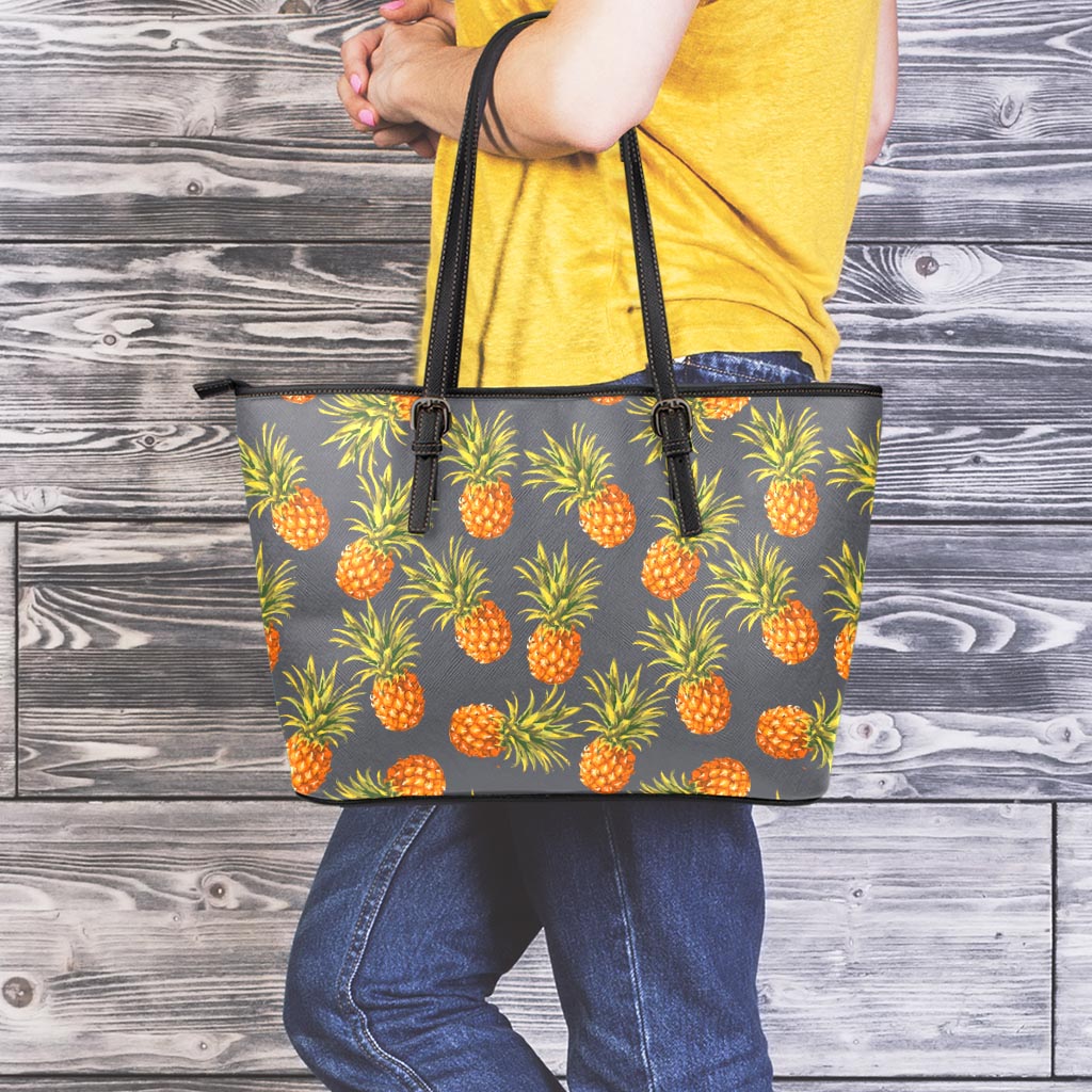 Grey Watercolor Pineapple Pattern Print Leather Tote Bag