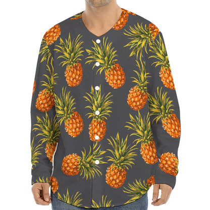 Grey Watercolor Pineapple Pattern Print Long Sleeve Baseball Jersey