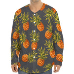 Grey Watercolor Pineapple Pattern Print Long Sleeve Baseball Jersey