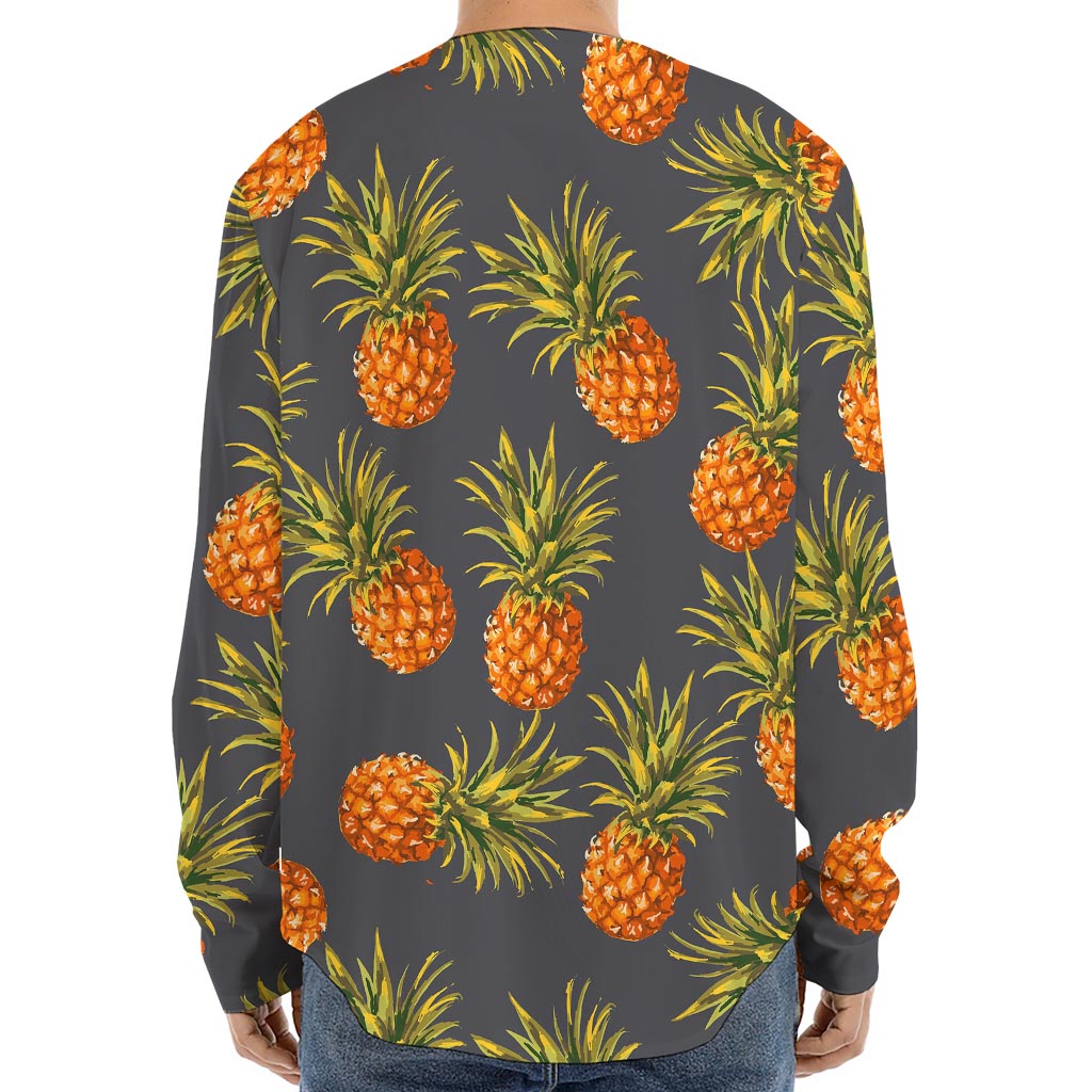 Grey Watercolor Pineapple Pattern Print Long Sleeve Baseball Jersey