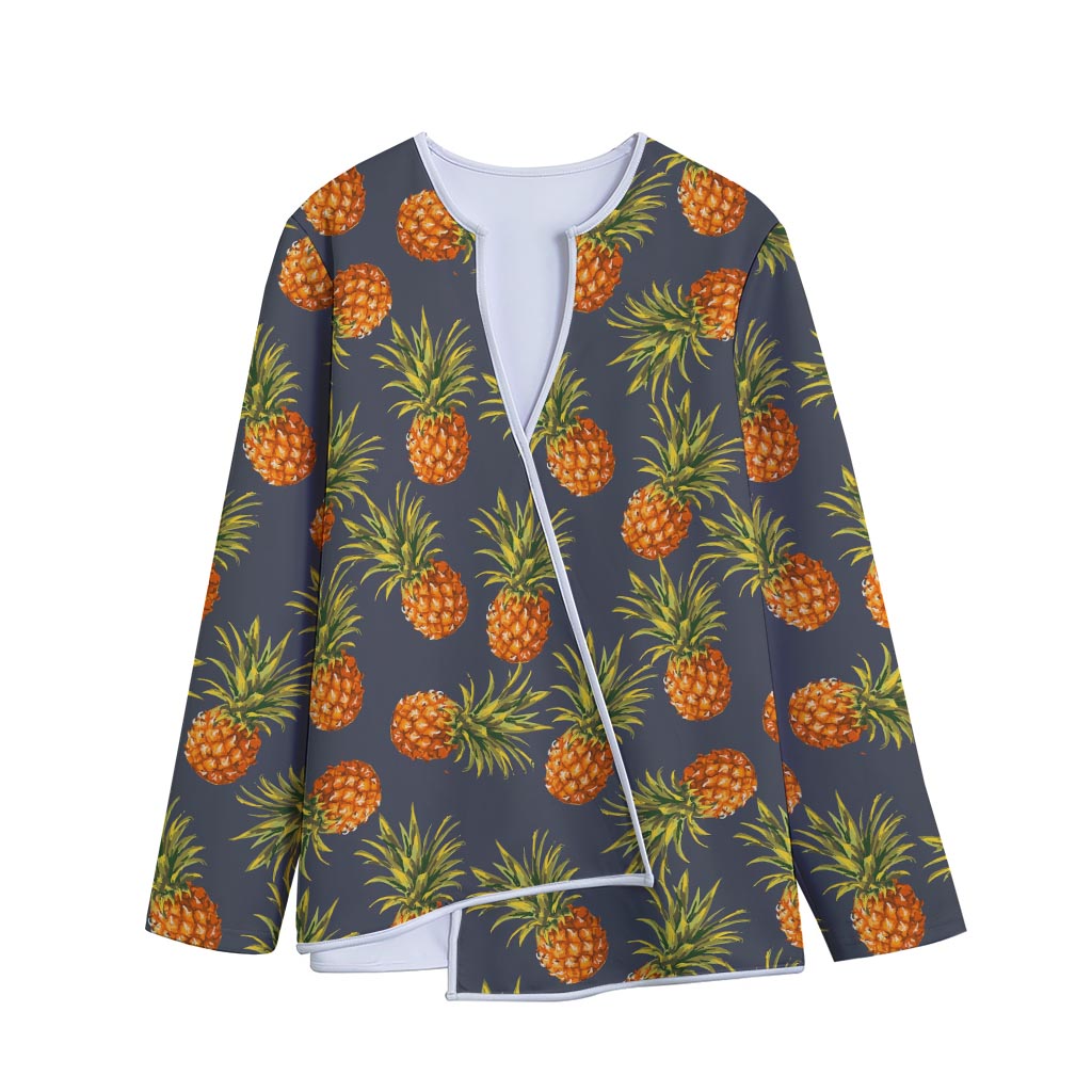 Grey Watercolor Pineapple Pattern Print Long Sleeve Short Coat