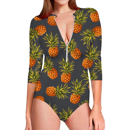 Grey Watercolor Pineapple Pattern Print Long Sleeve Swimsuit