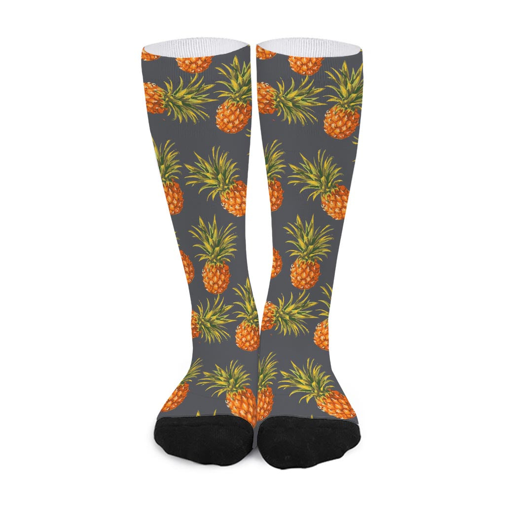 Grey Watercolor Pineapple Pattern Print Long Socks