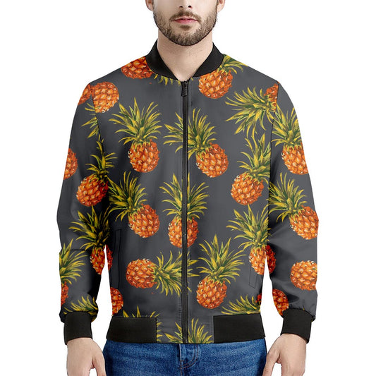 Grey Watercolor Pineapple Pattern Print Men's Bomber Jacket