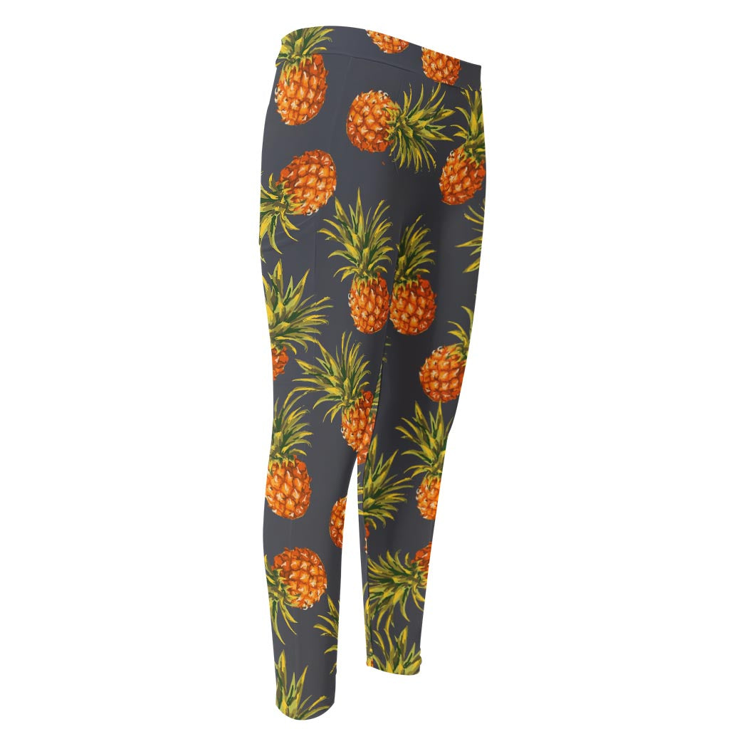 Grey Watercolor Pineapple Pattern Print Men's Compression Pants