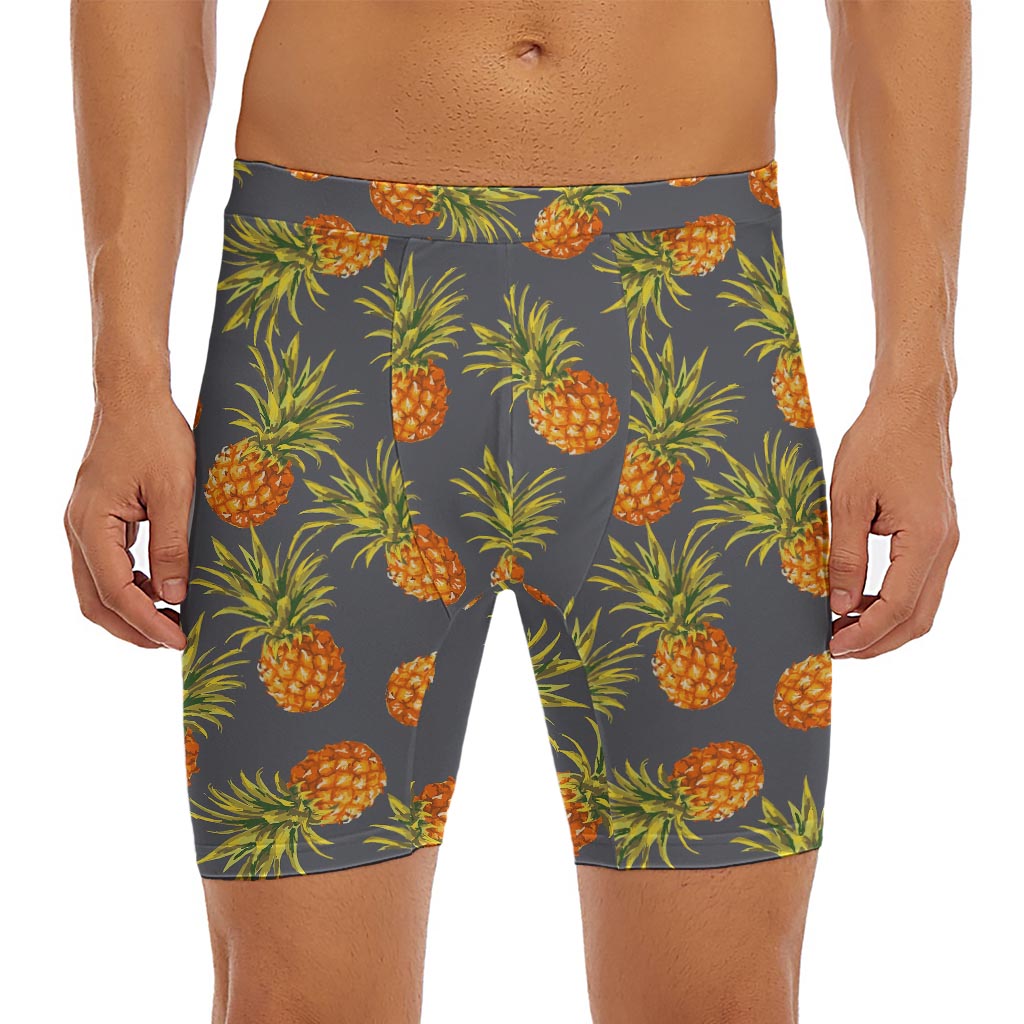 Grey Watercolor Pineapple Pattern Print Men's Long Boxer Briefs