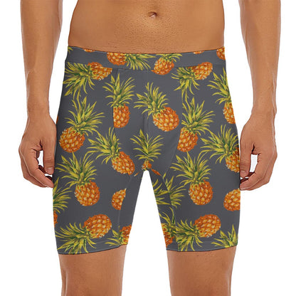 Grey Watercolor Pineapple Pattern Print Men's Long Boxer Briefs