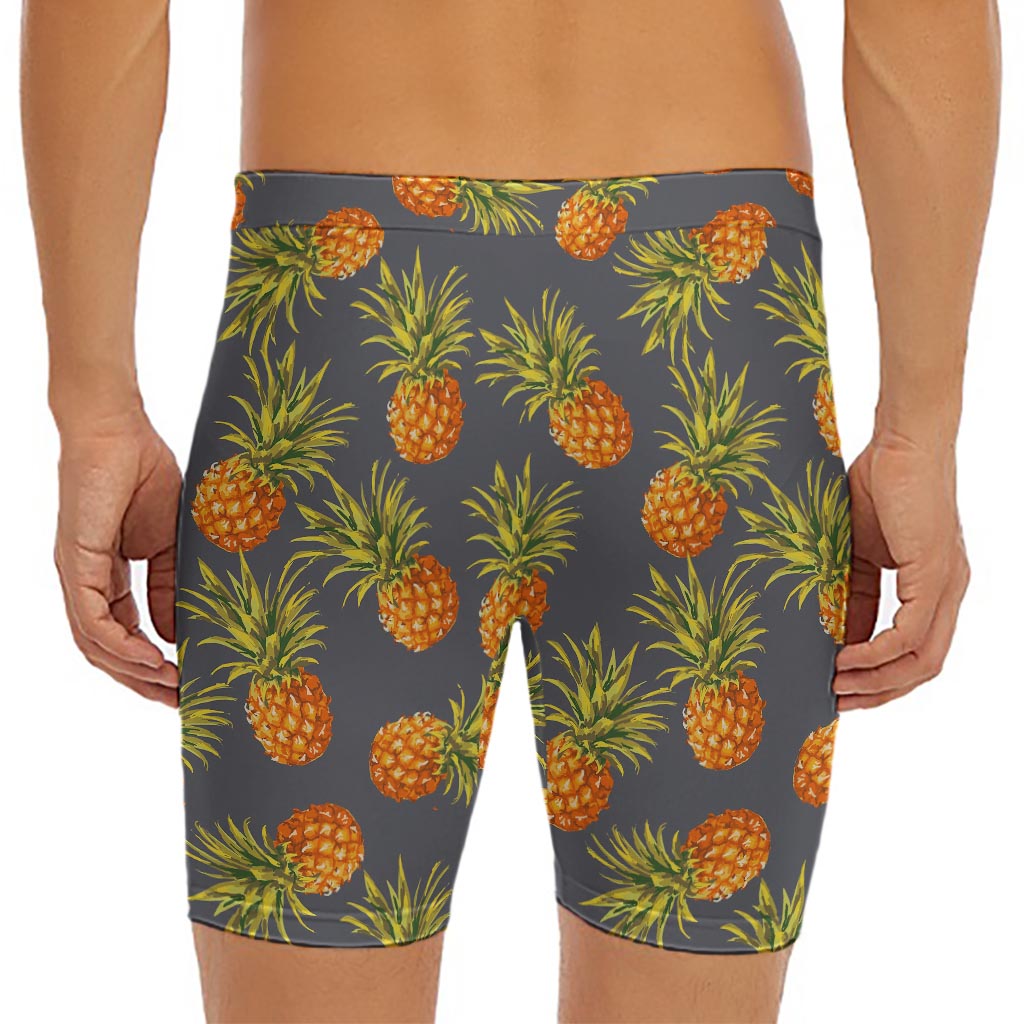 Grey Watercolor Pineapple Pattern Print Men's Long Boxer Briefs