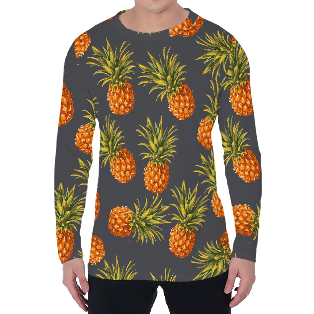 Grey Watercolor Pineapple Pattern Print Men's Long Sleeve T-Shirt