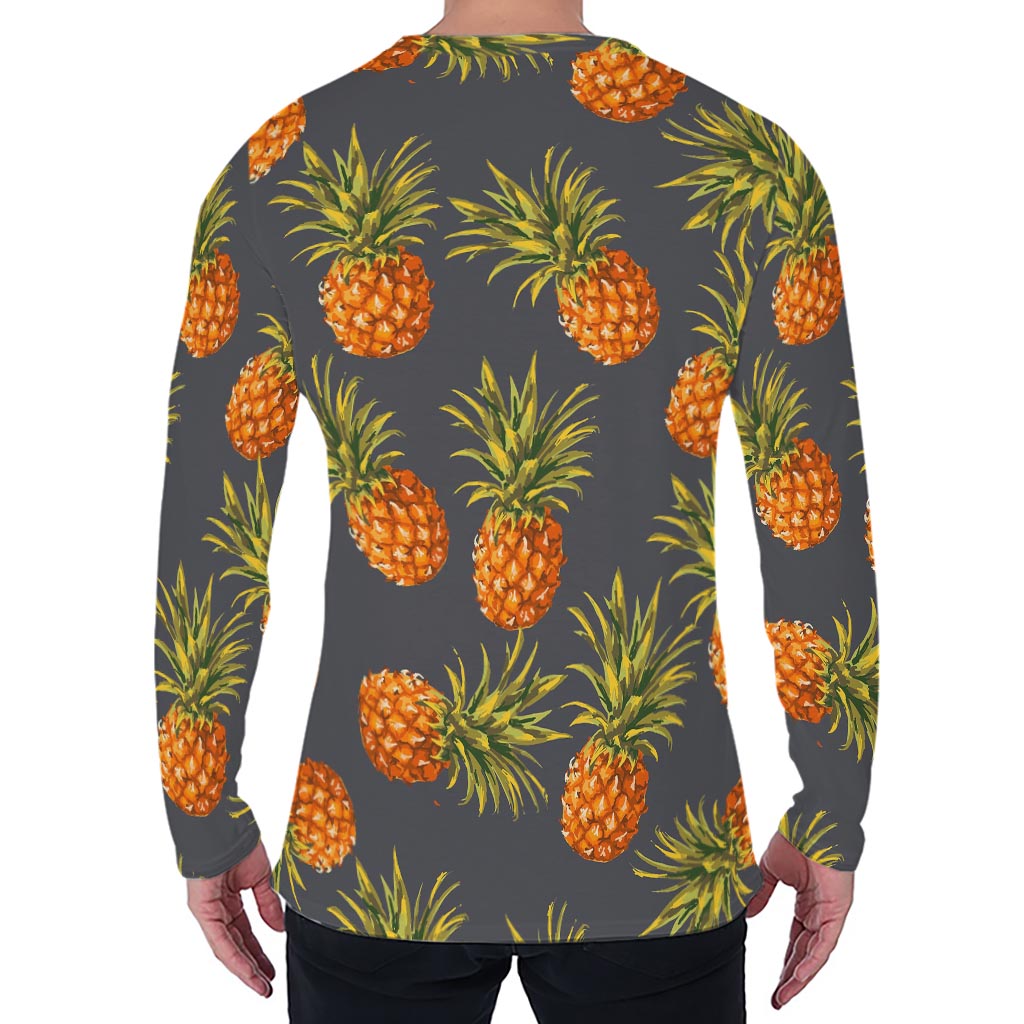 Grey Watercolor Pineapple Pattern Print Men's Long Sleeve T-Shirt