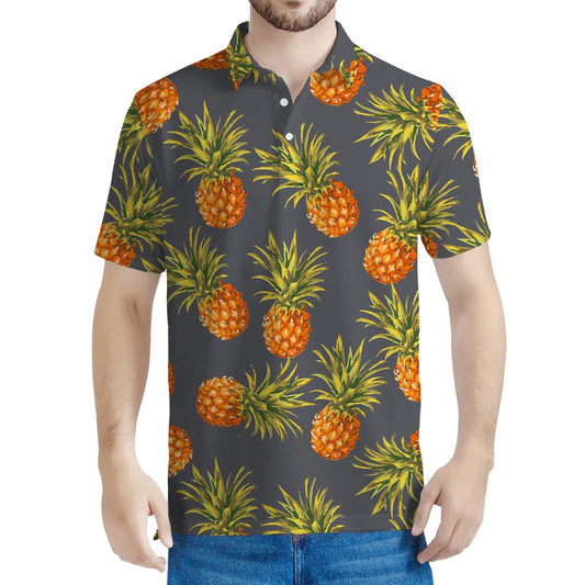 Grey Watercolor Pineapple Pattern Print Men's Polo Shirt