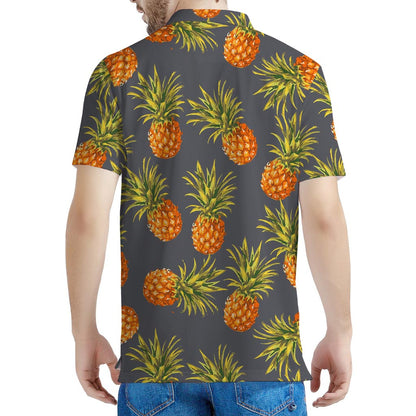 Grey Watercolor Pineapple Pattern Print Men's Polo Shirt