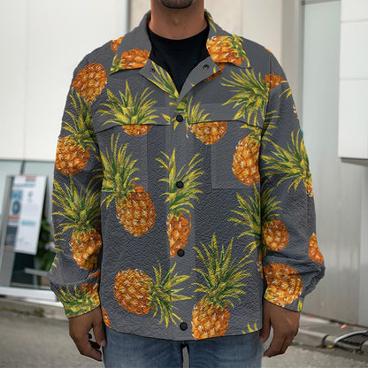 Grey Watercolor Pineapple Pattern Print Men's Shirt Jacket
