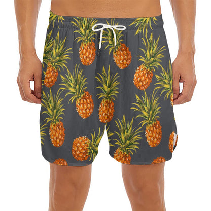 Grey Watercolor Pineapple Pattern Print Men's Split Running Shorts