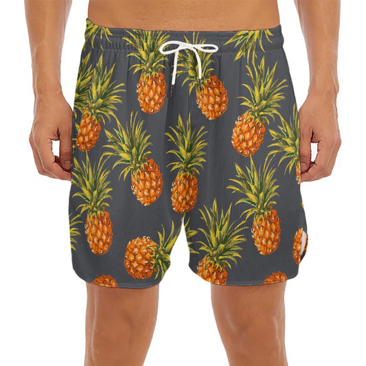 Grey Watercolor Pineapple Pattern Print Men's Split Running Shorts
