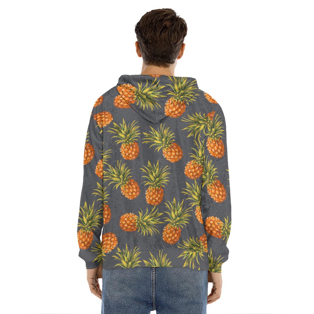 Grey Watercolor Pineapple Pattern Print Men's Velvet Pullover Hoodie