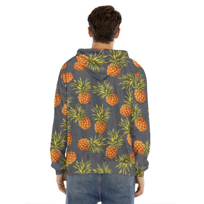 Grey Watercolor Pineapple Pattern Print Men's Velvet Pullover Hoodie