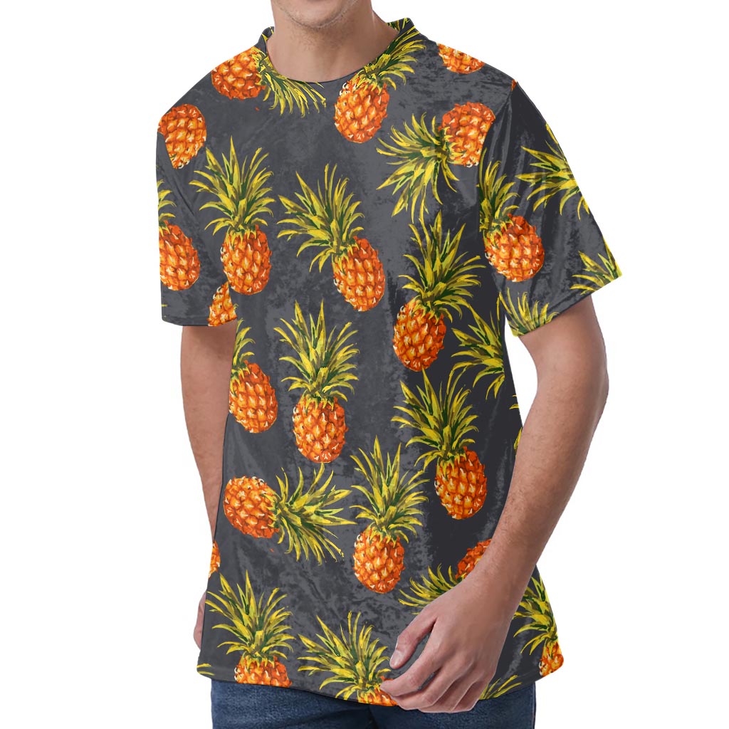 Grey Watercolor Pineapple Pattern Print Men's Velvet T-Shirt