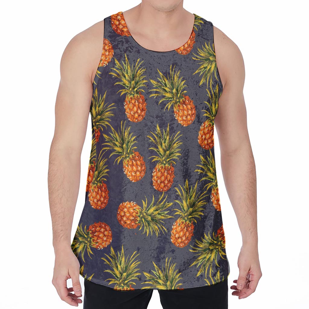 Grey Watercolor Pineapple Pattern Print Men's Velvet Tank Top