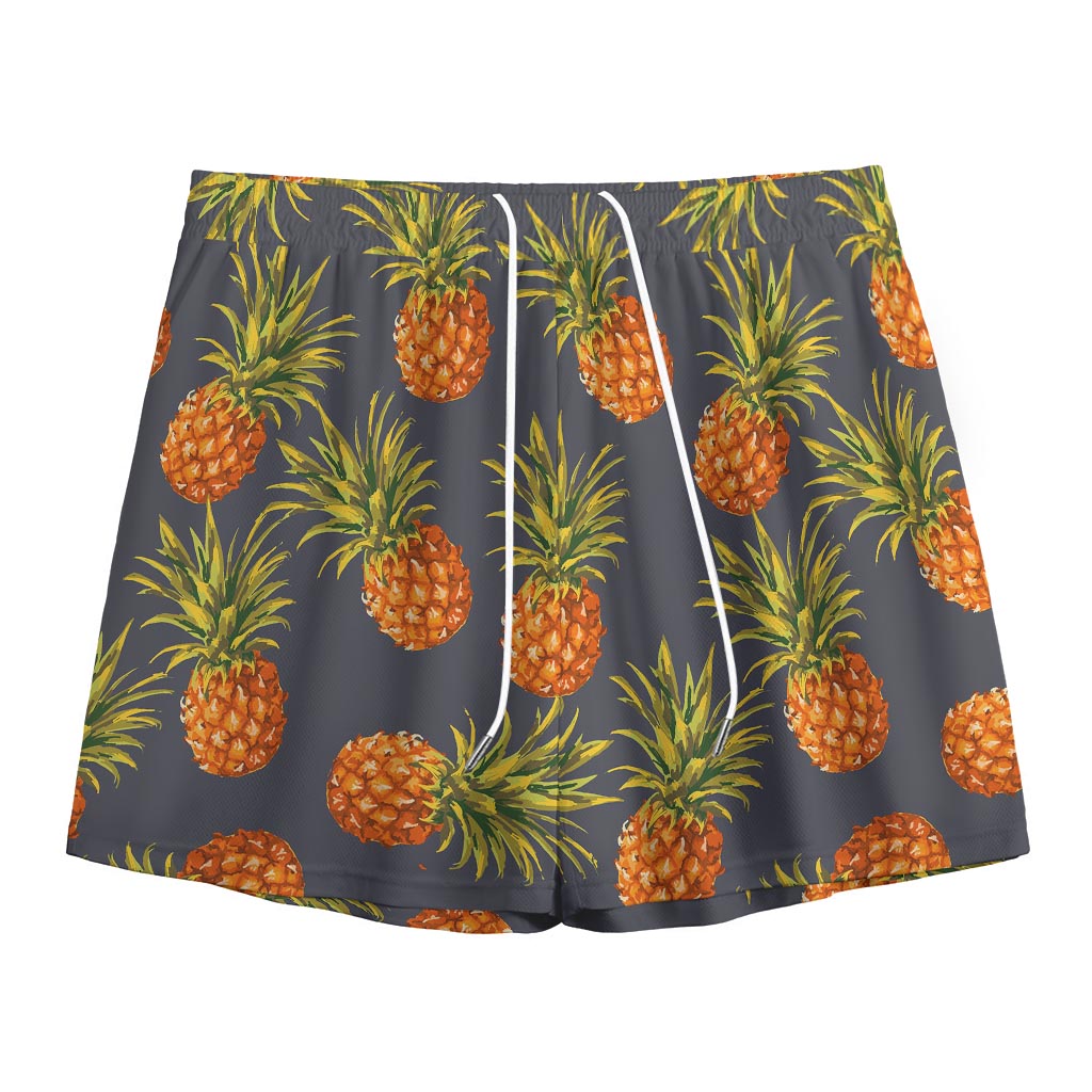 Grey Watercolor Pineapple Pattern Print Mesh Shorts