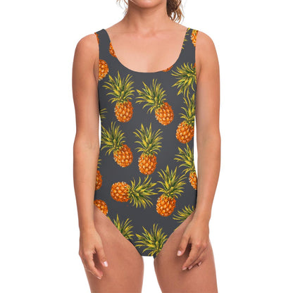 Grey Watercolor Pineapple Pattern Print One Piece Swimsuit