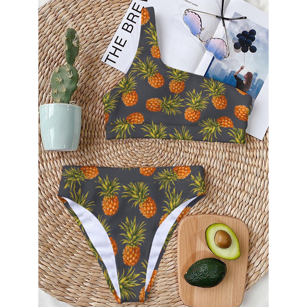 Grey Watercolor Pineapple Pattern Print One Shoulder Bikini Top