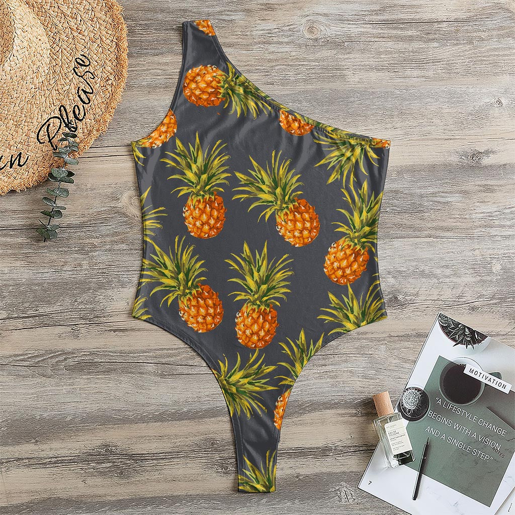 Grey Watercolor Pineapple Pattern Print One Shoulder Bodysuit