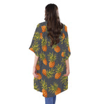 Grey Watercolor Pineapple Pattern Print Open Front Beach Cover Up
