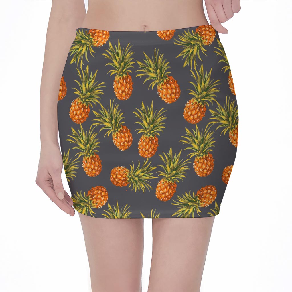 Grey Watercolor Pineapple Pattern Print Pencil Mini Skirt