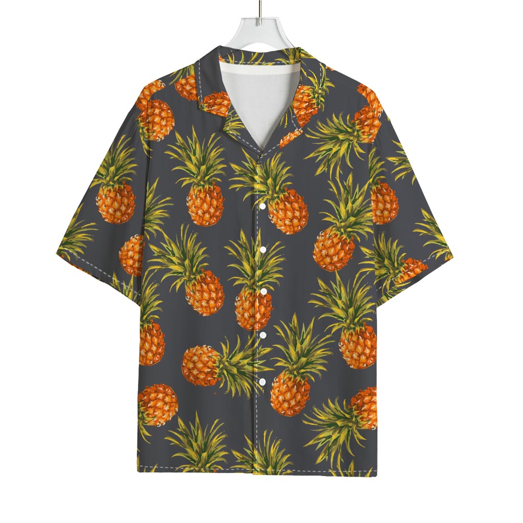Grey Watercolor Pineapple Pattern Print Rayon Hawaiian Shirt