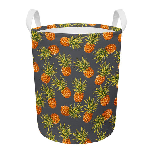 Grey Watercolor Pineapple Pattern Print Round Laundry Basket