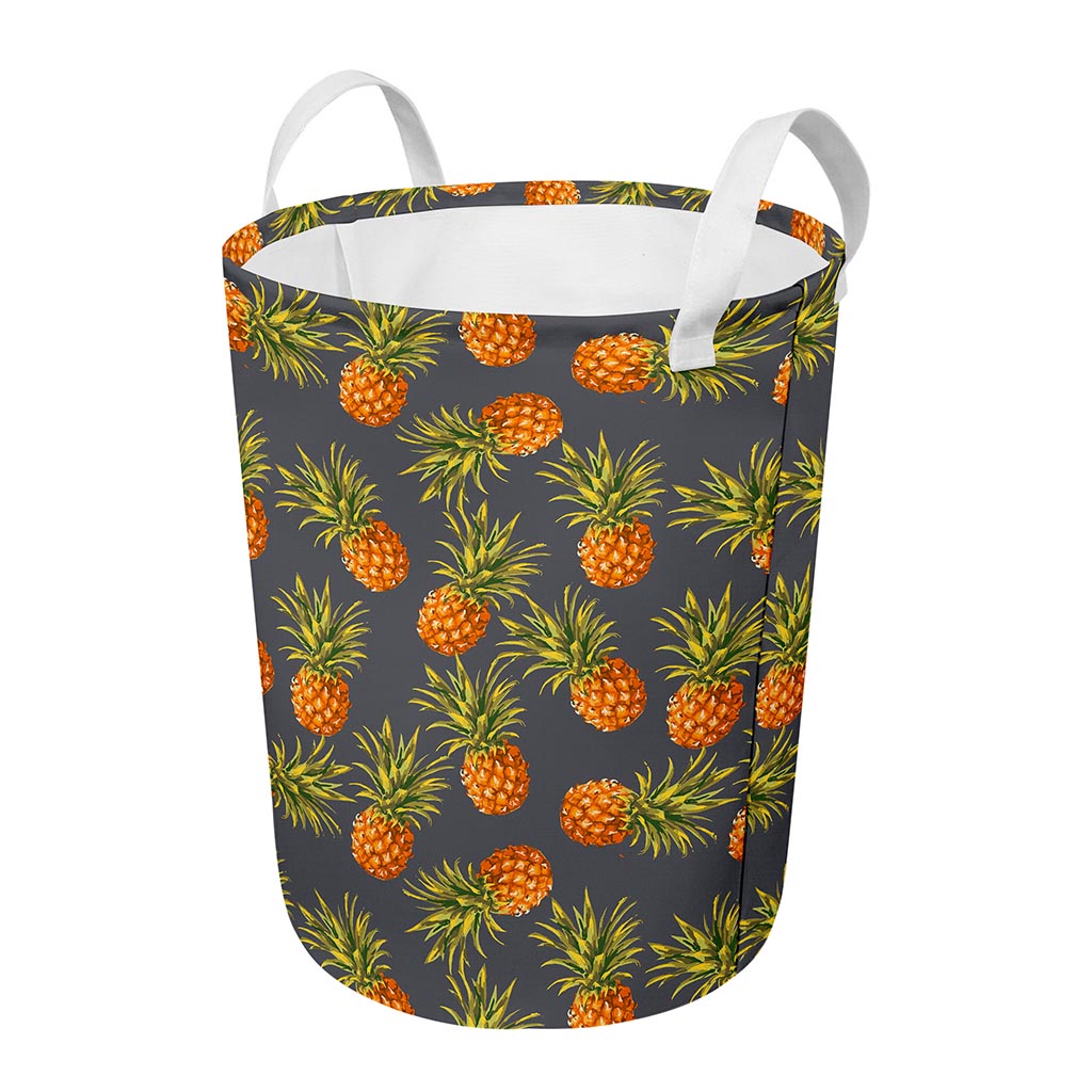 Grey Watercolor Pineapple Pattern Print Round Laundry Basket