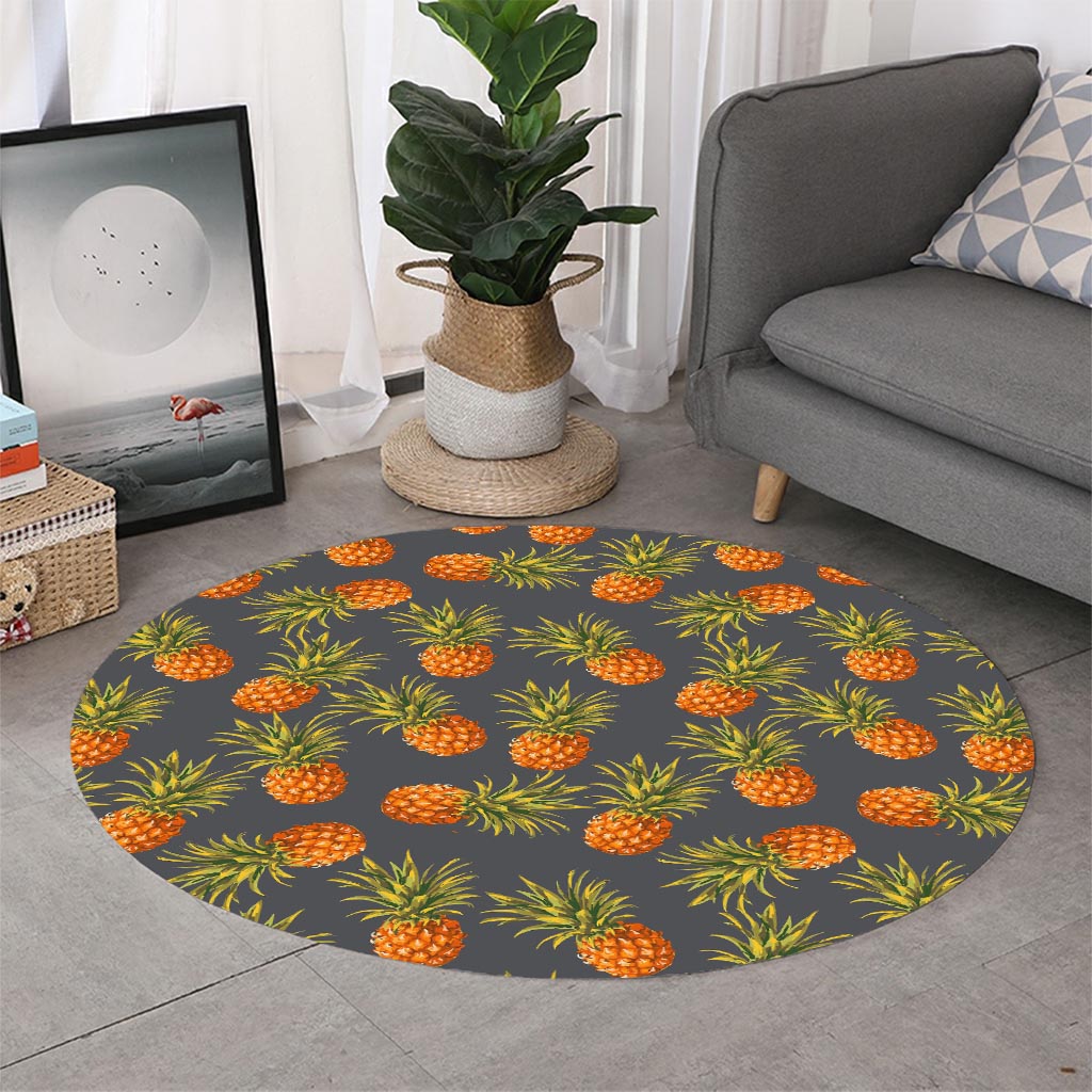 Grey Watercolor Pineapple Pattern Print Round Rug