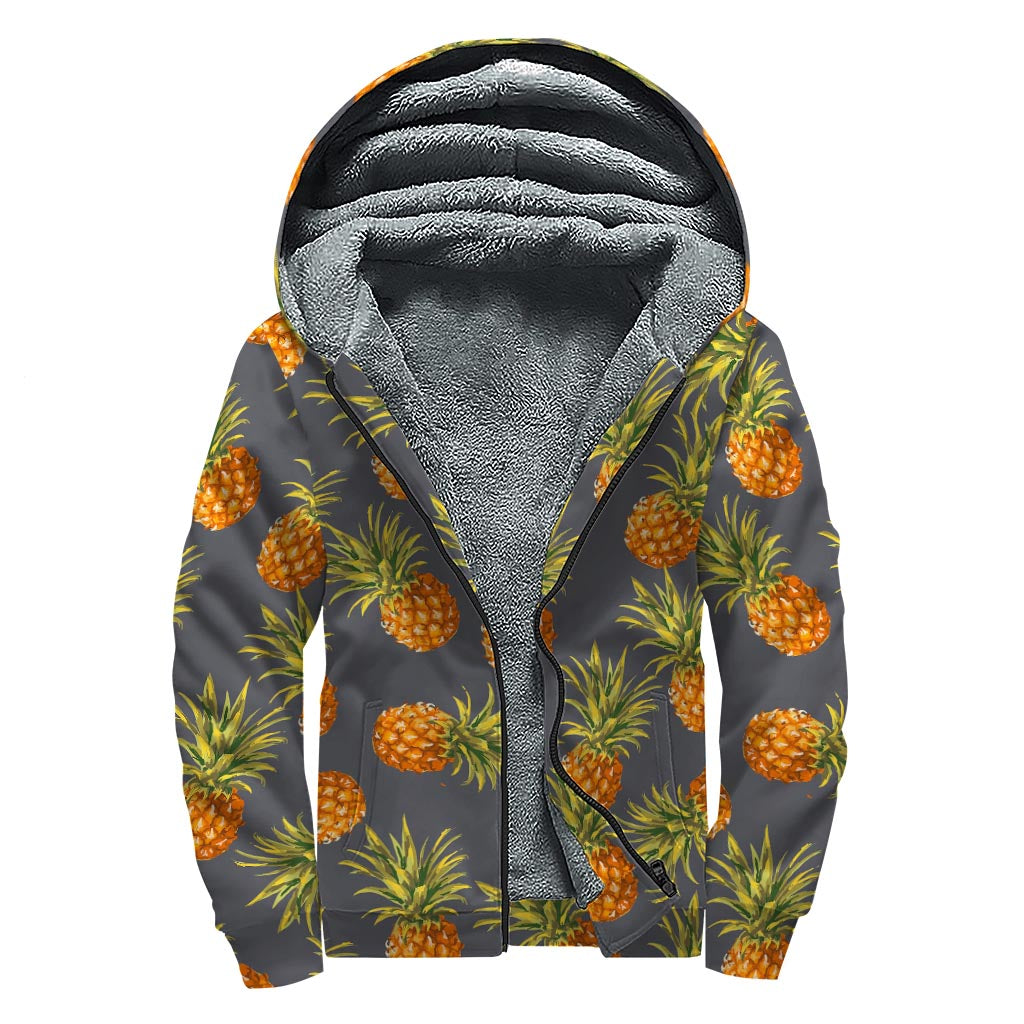 Grey Watercolor Pineapple Pattern Print Sherpa Lined Zip Up Hoodie