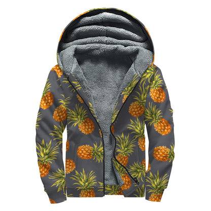 Grey Watercolor Pineapple Pattern Print Sherpa Lined Zip Up Hoodie