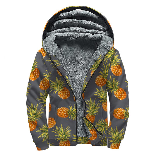 Grey Watercolor Pineapple Pattern Print Sherpa Lined Zip Up Hoodie