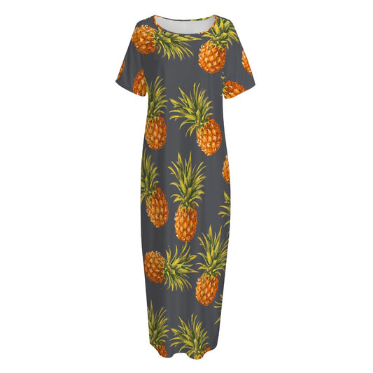 Grey Watercolor Pineapple Pattern Print Short Sleeve Long Nightdress
