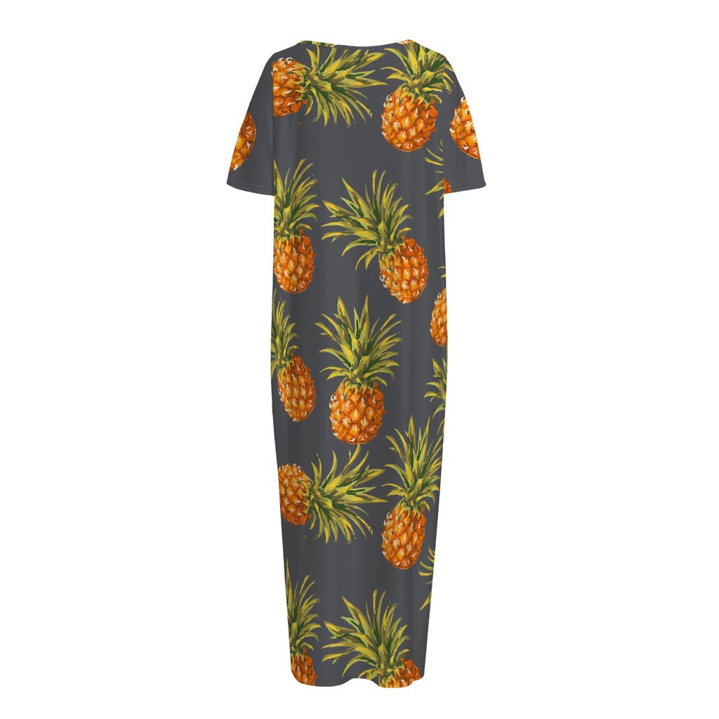 Grey Watercolor Pineapple Pattern Print Short Sleeve Long Nightdress