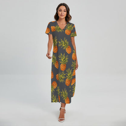 Grey Watercolor Pineapple Pattern Print Short Sleeve Maxi Dress