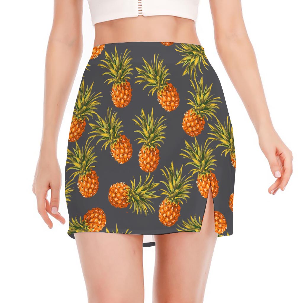 Grey Watercolor Pineapple Pattern Print Side Slit Mini Skirt
