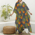 Grey Watercolor Pineapple Pattern Print Silk V-Neck Kaftan Dress