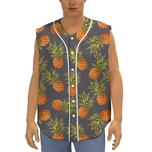 Grey Watercolor Pineapple Pattern Print Sleeveless Baseball Jersey