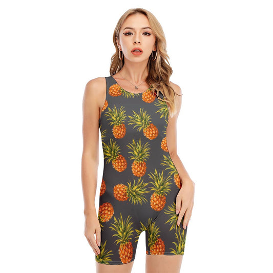 Grey Watercolor Pineapple Pattern Print Sleeveless One Piece Swimsuit