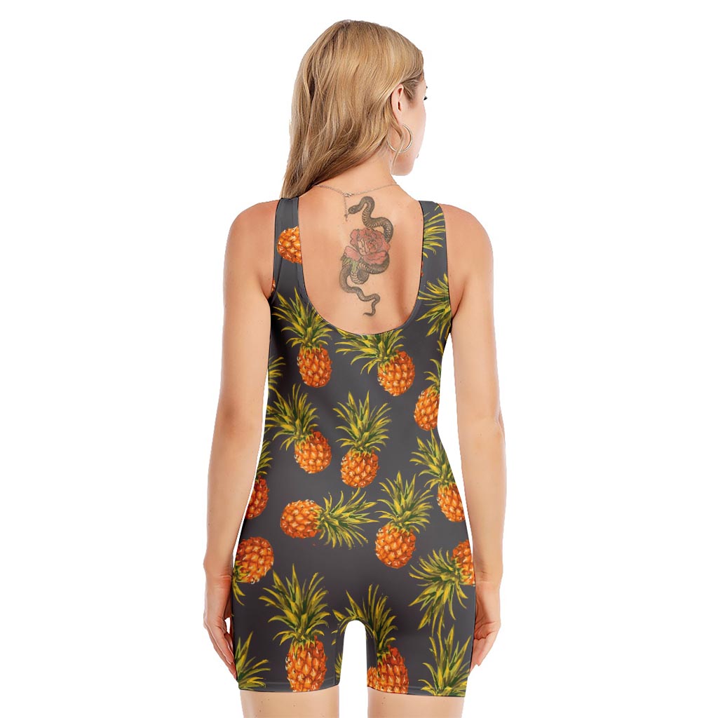 Grey Watercolor Pineapple Pattern Print Sleeveless One Piece Swimsuit